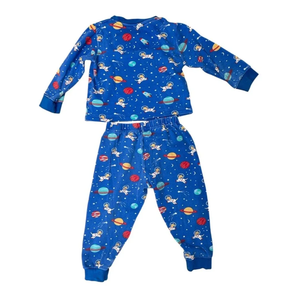 JoJo Maman Bebe Pajama Set Long Sleeve Blue Space Astronaut 100% Cotton 2-3 year